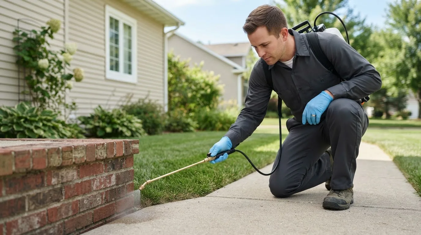 Pest control technician treating a home near Rozel, KS