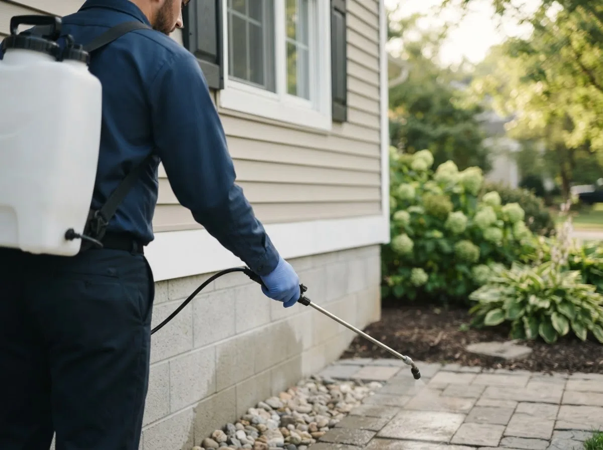 Pest control technician inspecting a home in Rozel, KS